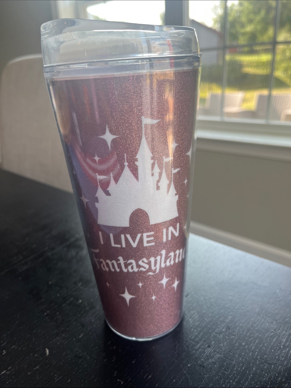 Disney “I Live in Fantasyland” Sparkle Pink Travel Tumbler